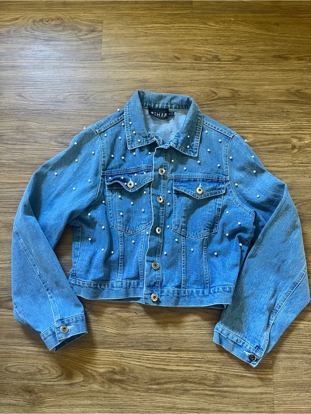 Pearl Embellished Cropped Light Wash Denim Jean Jacket B**** Spell Out Rave Punk